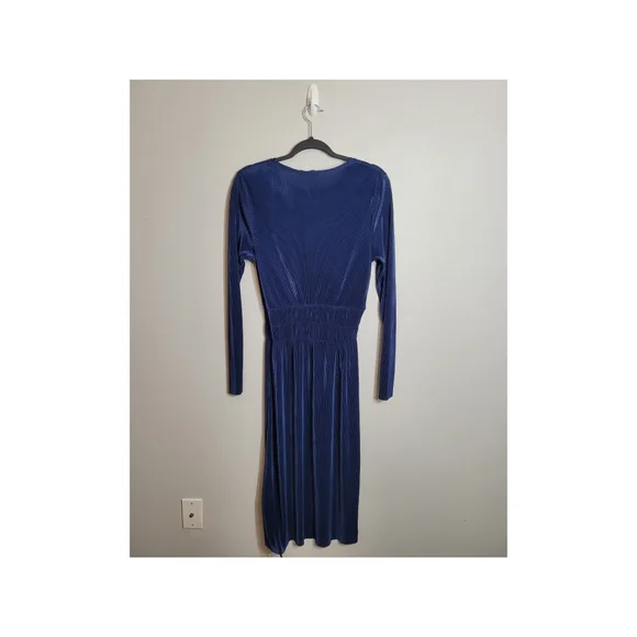 Zara Navy Blue Long Sleeve Gathered Waist Pleated Scoop Neck Midi Dress Size L - Picture 2 of 7